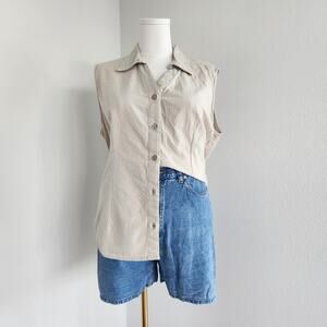 90s Classic Elements Tan White Plaid Sleeveless Flannel Shirt Button Down L